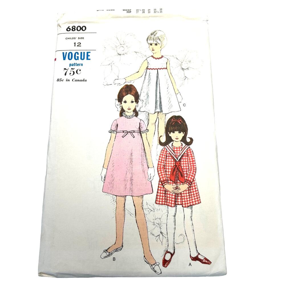 Vogue Vintage 1960's Pattern #6800 Childs One Piece Dress Size 12